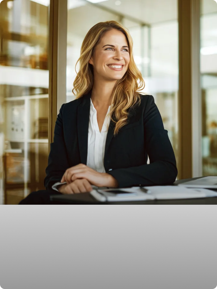 Mulher sorrindo em ambiente corporativo.