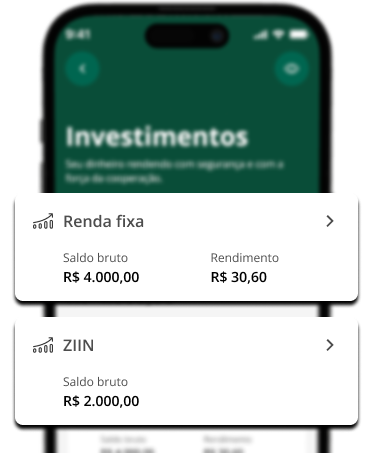 App Unicred na tela de investimento em renda fixa, destacando cartões Renda fixa e ZIIN
